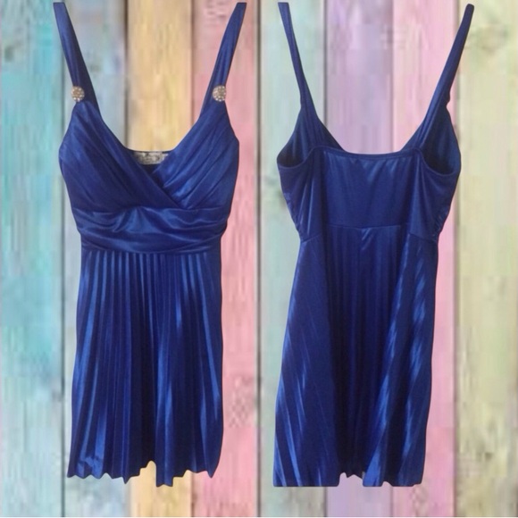 Trixxi Dresses & Skirts - Royal Blue Satin V-neck Lined Pleated Dress